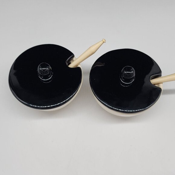 Vintage MCM Shawnee Condiment Bowls With Lids and Spoons Black & Ivory Color - Picture 2 of 10